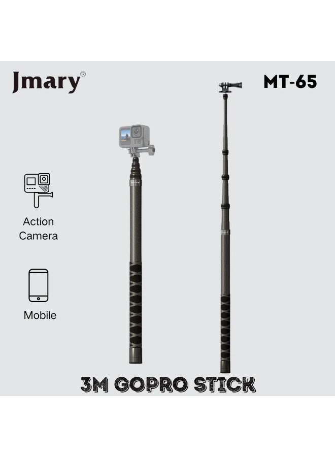 3M Carbon Fiber Extension Pole for Action Cameras – Ultra Lightweight, Super Strong, 10ft Telescopic Monopod Stick for GoPro, DJI Osmo Action, Insta360 – Long Reach, Travel-Friendly, Waterproof, Durable Grip Handle, Ideal for Vlogging, Sports, Hiking, and Aerial Shots