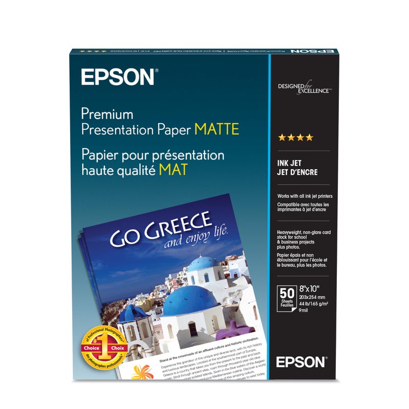 EPSON إيبيسون بريميوم بريزنتيشن بيبر مات (8x10 إنش، 50 ورقة) (S041467)، برايت وايت - Image 1