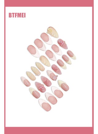 24Pcs Almond Press on Nails, Fake Nails with 3D Pearl Butterfly Flower Designs,French Tip Nails Press ons Glossy Cute Spring Summer Acrylic Nail Artifcial Stick on Nail for Women - view 3