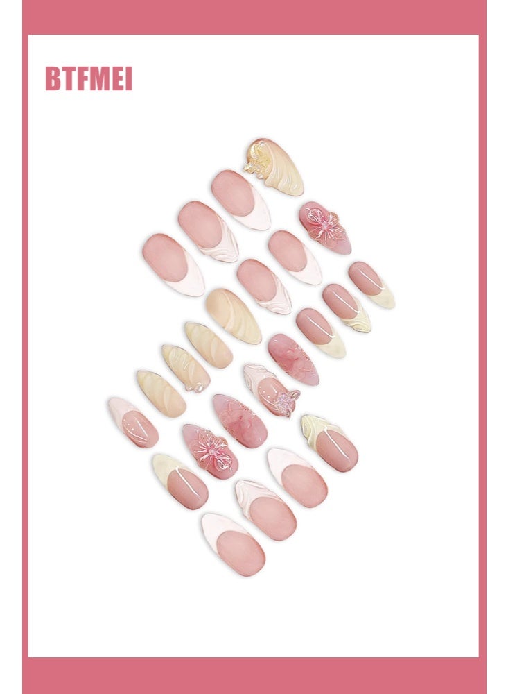 BTFMEI 24Pcs Almond Press on Nails, Fake Nails with 3D Pearl Butterfly Flower Designs,French Tip Nails Press ons Glossy Cute Spring Summer Acrylic Nail Artifcial Stick on Nail for Women - Image 3