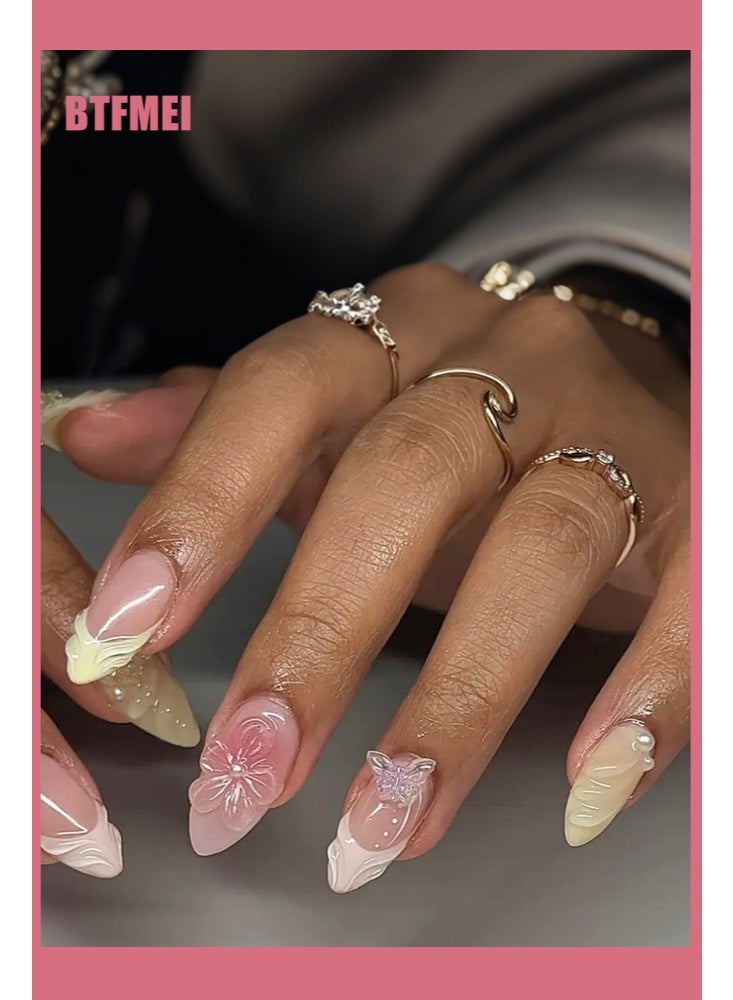 BTFMEI 24Pcs Almond Press on Nails, Fake Nails with 3D Pearl Butterfly Flower Designs,French Tip Nails Press ons Glossy Cute Spring Summer Acrylic Nail Artifcial Stick on Nail for Women - Image 2