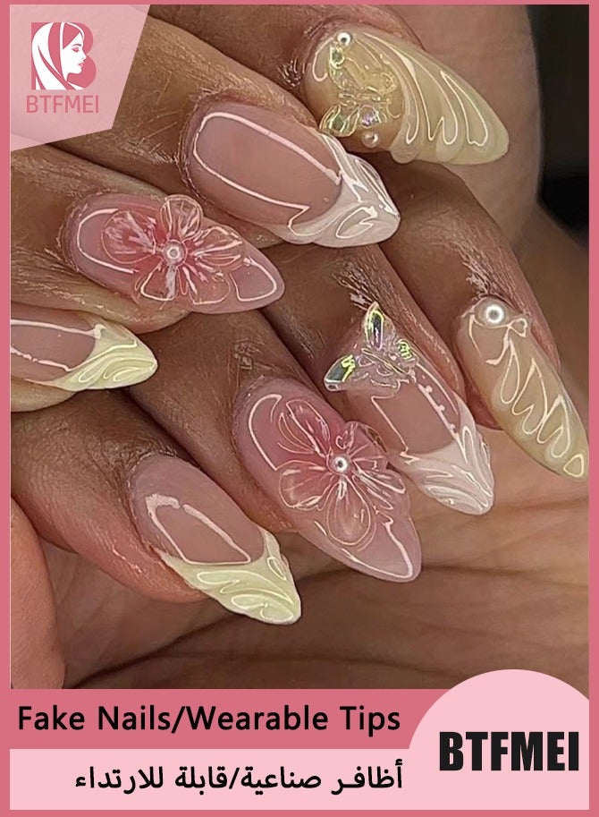 BTFMEI 24Pcs Almond Press on Nails, Fake Nails with 3D Pearl Butterfly Flower Designs,French Tip Nails Press ons Glossy Cute Spring Summer Acrylic Nail Artifcial Stick on Nail for Women - Image 1