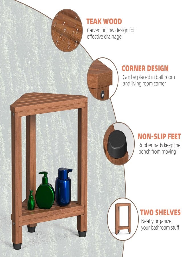 Samplife 17" Teak Corner Shower Stool for Shaving Legs, Space-Saving Shower Foot Rest with Storage Shelf, Water-Resistant Corner Bench for Inside Shower & Small Bathrooms - Image 3