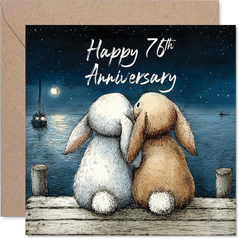 Stuff4 76th Anniversary Card for Women Men - Cuddle Bunnies - Happy 76 Year Anniversary Card for Partner Husband Companion Wife  5.7 Inch Wedding Anniversaries Greeting Cards - Image 1