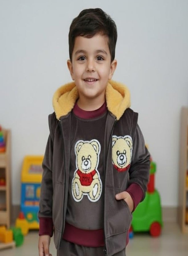 AMEEHA طقم ملابس أطفال شتوية دافئة من أميها، بدلة مخملية من ثلاث قطع للأولاد والبنات (رمادي داكن، من 18 إلى 24 شهرًا) - Image 4
