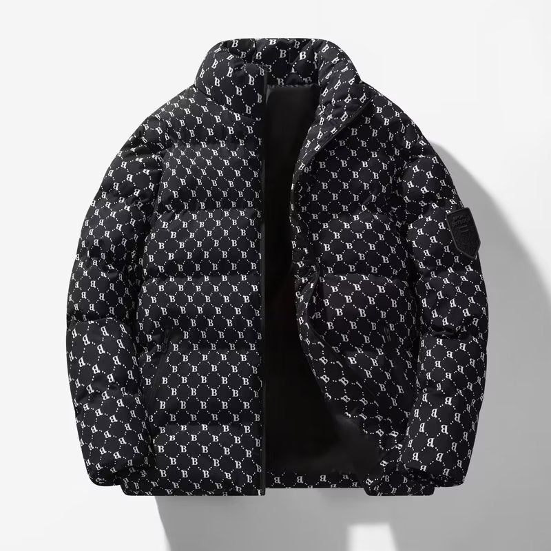 Autumn and winter mens and womens bread coat ins warm cotton raccoon couples clothing warm full printed stand collar plus size cotton-padded coat Black 