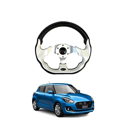 PRIKNIK Steering Wheel Sports Car Look Racing/Golf Cart Rally Off Roading B-olts Grip Vinyl Leather & Aluminum with Horn Button Compatible with S-wift - Image 1