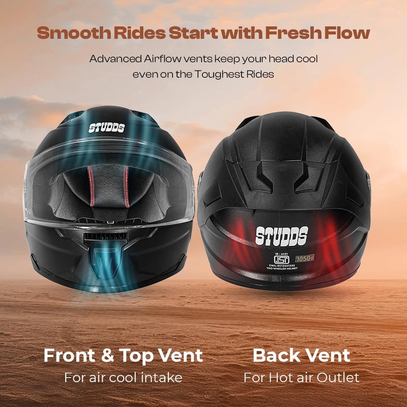 STUDDS Raider ISI Certified Full Face Motorcycling Helmet for Men and Women with Spoiler and Clear Visor (Black - L) - Image 3