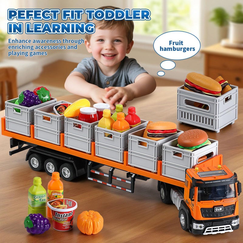 GLW Food Transport Truck Toy for Age 3-8 Kids â€“ Alloy Vehicles Head 1:40 Goods Trailer with Cargo Box and Food Model, Lights & Sounds (Large Transport Truck Orange) - Image 5