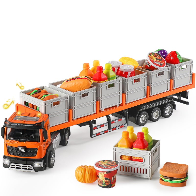 GLW Food Transport Truck Toy for Age 3-8 Kids â€“ Alloy Vehicles Head 1:40 Goods Trailer with Cargo Box and Food Model, Lights & Sounds (Large Transport Truck Orange) - Image 1