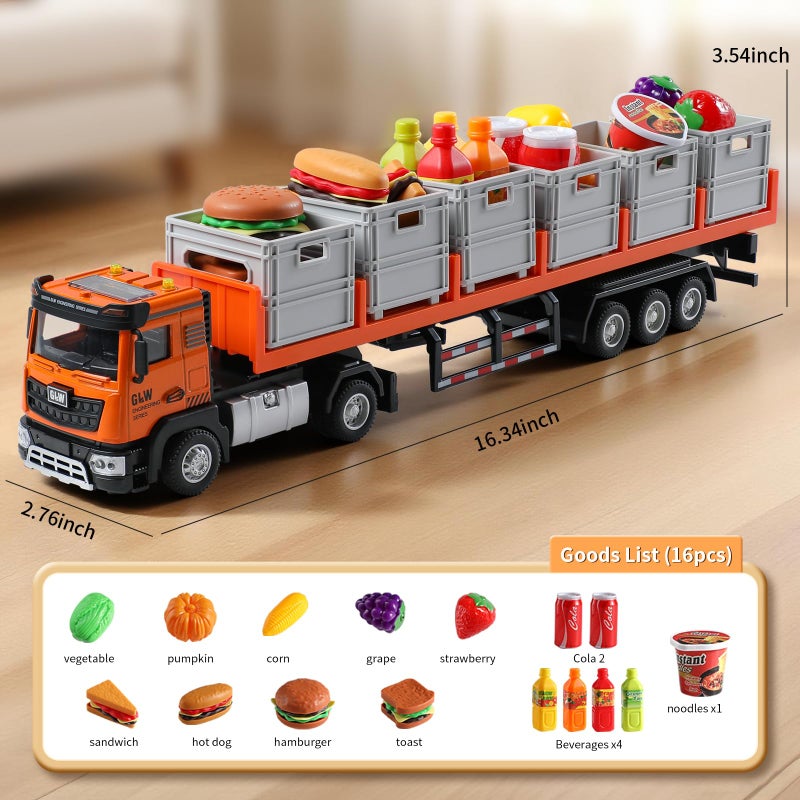 GLW Food Transport Truck Toy for Age 3-8 Kids â€“ Alloy Vehicles Head 1:40 Goods Trailer with Cargo Box and Food Model, Lights & Sounds (Large Transport Truck Orange) - Image 2