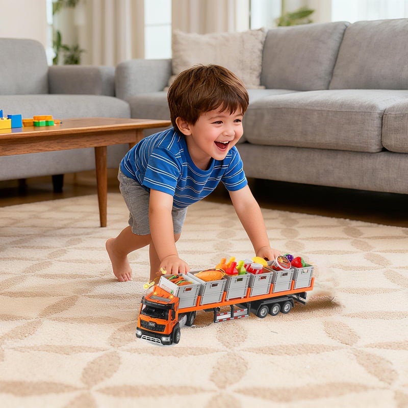 GLW Food Transport Truck Toy for Age 3-8 Kids â€“ Alloy Vehicles Head 1:40 Goods Trailer with Cargo Box and Food Model, Lights & Sounds (Large Transport Truck Orange) - Image 3