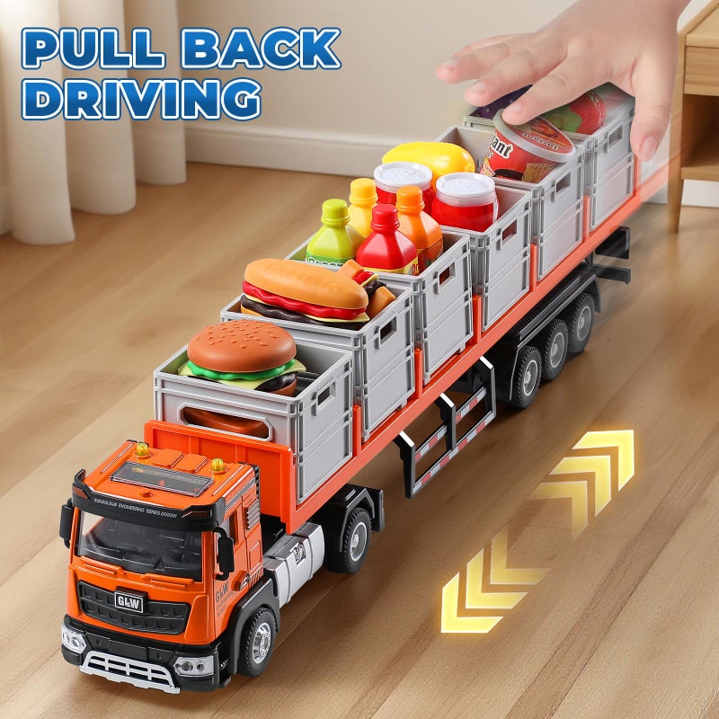 GLW Food Transport Truck Toy for Age 3-8 Kids â€“ Alloy Vehicles Head 1:40 Goods Trailer with Cargo Box and Food Model, Lights & Sounds (Large Transport Truck Orange) - Image 4