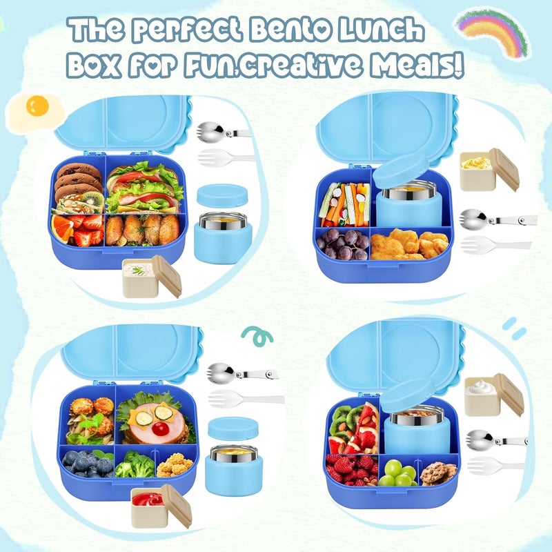 Aimsnk Dinosaur Lunch Box for Kids with Secret Compartment | 4 Compartments Bento Box + 12oz Insulated Food Jar | Leak-Proof Sauce Cup & Collapsible Spoon | BPA-Free, Dishwasher Safe(Blue+Blue Jar) - Image 3