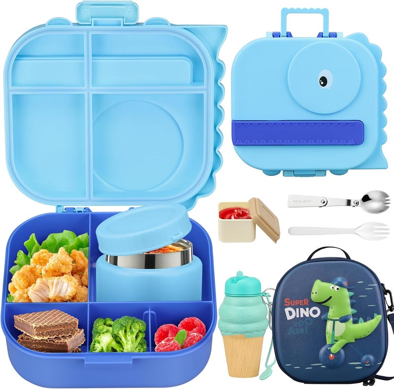 Aimsnk Dinosaur Lunch Box for Kids with Secret Compartment | 4 Compartments Bento Box + 12oz Insulated Food Jar | Leak-Proof Sauce Cup & Collapsible Spoon | BPA-Free, Dishwasher Safe(Blue+Blue Jar) - Image 1