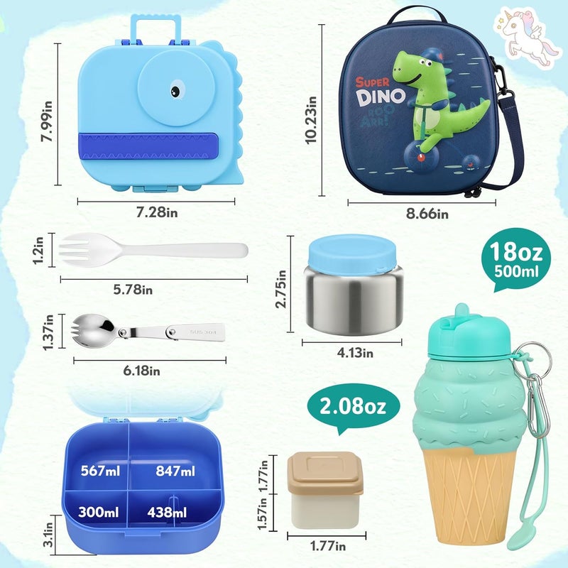 Aimsnk Dinosaur Lunch Box for Kids with Secret Compartment | 4 Compartments Bento Box + 12oz Insulated Food Jar | Leak-Proof Sauce Cup & Collapsible Spoon | BPA-Free, Dishwasher Safe(Blue+Blue Jar) - Image 5