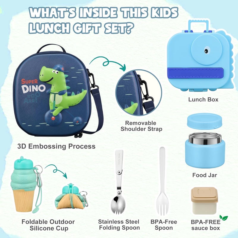 Aimsnk Dinosaur Lunch Box for Kids with Secret Compartment | 4 Compartments Bento Box + 12oz Insulated Food Jar | Leak-Proof Sauce Cup & Collapsible Spoon | BPA-Free, Dishwasher Safe(Blue+Blue Jar) - Image 4