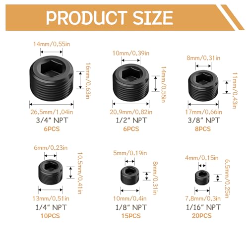 zDwfDc 65PCS 6 Size 116 18 14 38 12 34 NPT Pipe Fittings Black Carbon Steel Pipe Plug Socket Set DD03265 - Image 3