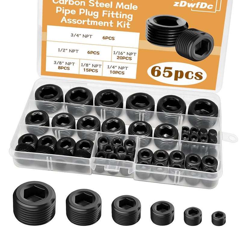zDwfDc 65PCS 6 Size 116 18 14 38 12 34 NPT Pipe Fittings Black Carbon Steel Pipe Plug Socket Set DD03265 - Image 2
