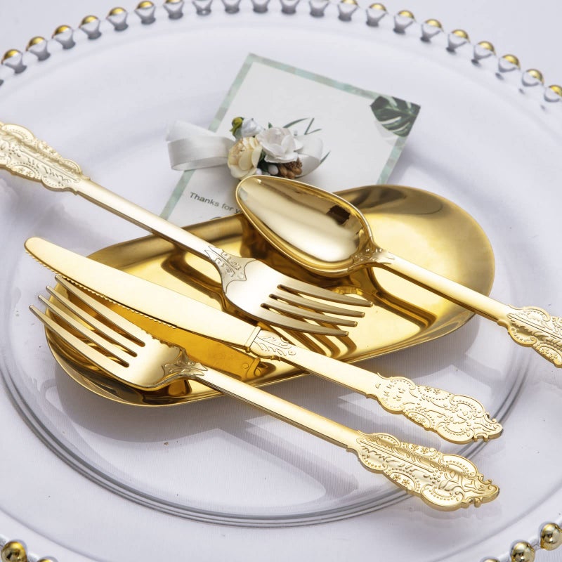 BUCLA 600 Pieces Gold Plastic Silverware - Plastic Gold Utensils - Heavyweight Disposable Cutlery - 200 Gold Forks  200 Gold Spoons  Gold 200 Knives - Image 4