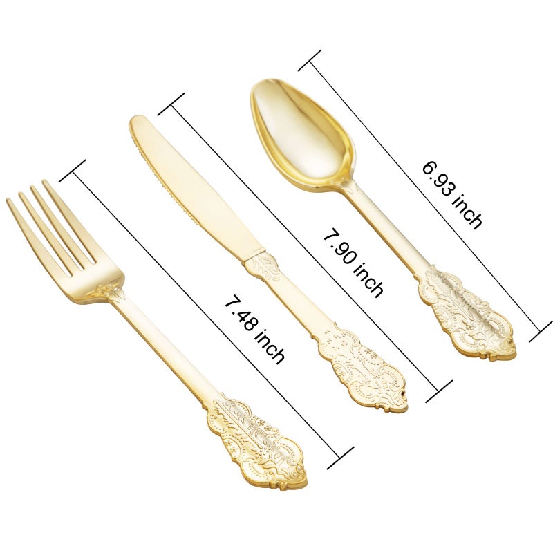 BUCLA 600 Pieces Gold Plastic Silverware - Plastic Gold Utensils - Heavyweight Disposable Cutlery - 200 Gold Forks  200 Gold Spoons  Gold 200 Knives - Image 2
