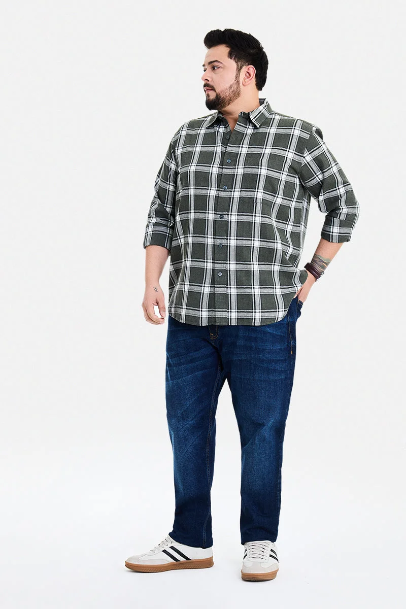 سنيتش Dark Green Checkered Long Sleeve Regular Fit Casual Plus Size Shirt