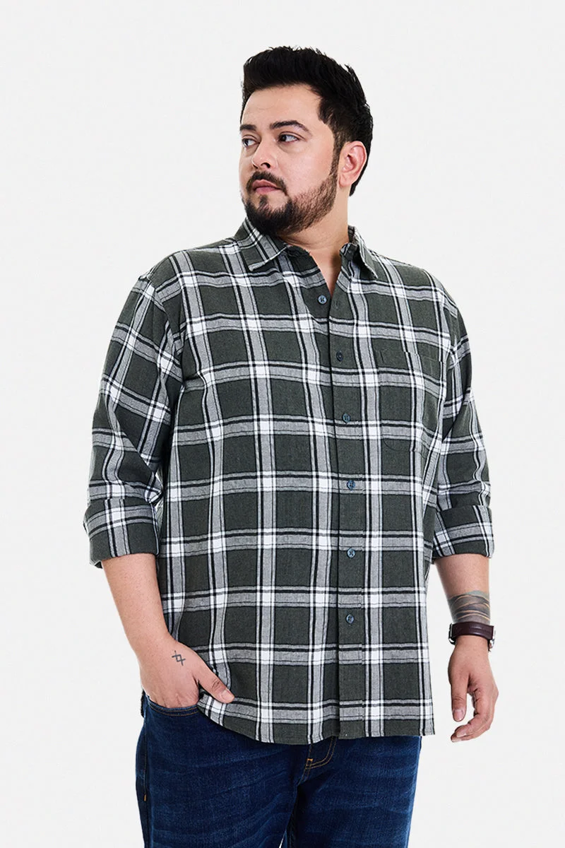 سنيتش Dark Green Checkered Long Sleeve Regular Fit Casual Plus Size Shirt