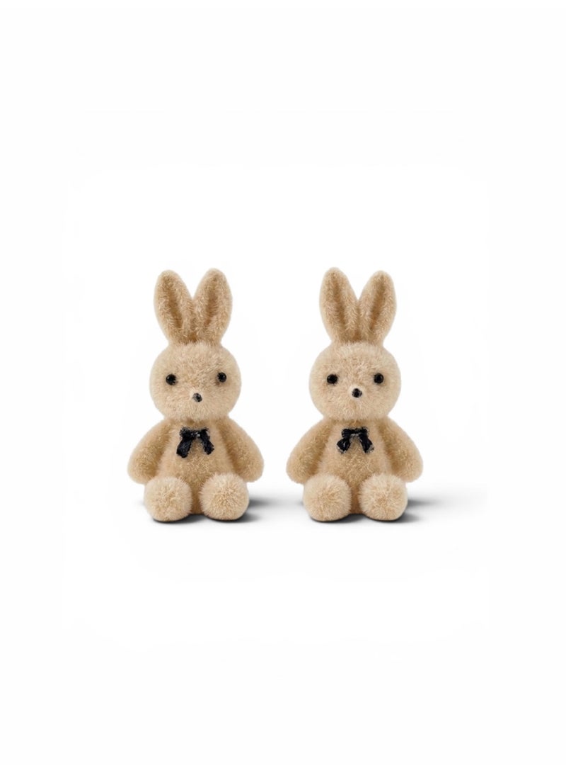 Y2K Style Flocked Bunny Earrings - Cute Plush Rabbit Studs with Mini Black Bow, Coquette Aesthetic Animal Jewelry, Beige - Image 1