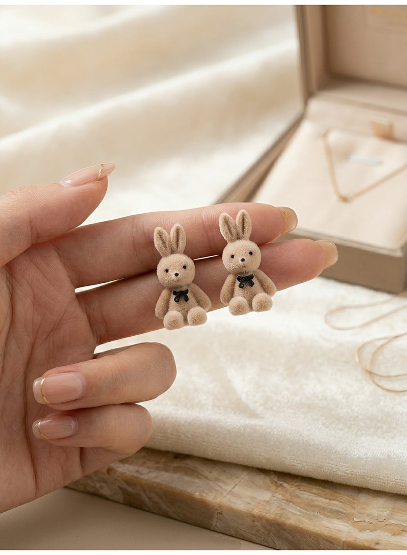 Y2K Style Flocked Bunny Earrings - Cute Plush Rabbit Studs with Mini Black Bow, Coquette Aesthetic Animal Jewelry, Beige - Image 3