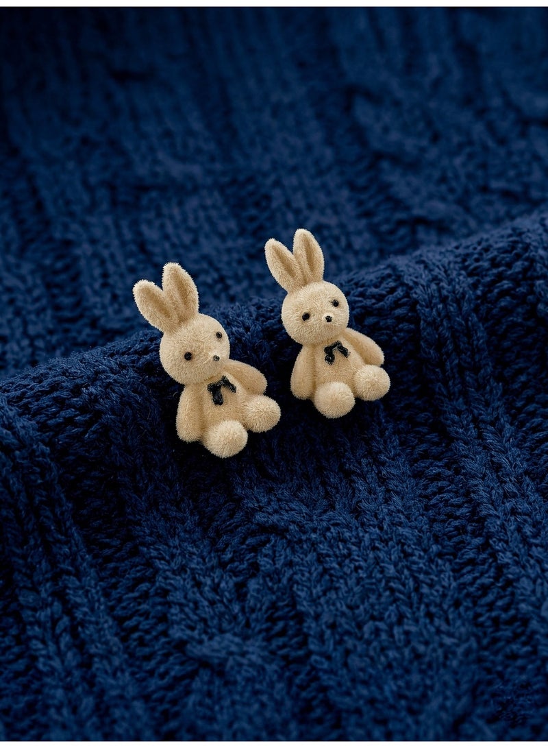 Y2K Style Flocked Bunny Earrings - Cute Plush Rabbit Studs with Mini Black Bow, Coquette Aesthetic Animal Jewelry, Beige - Image 5