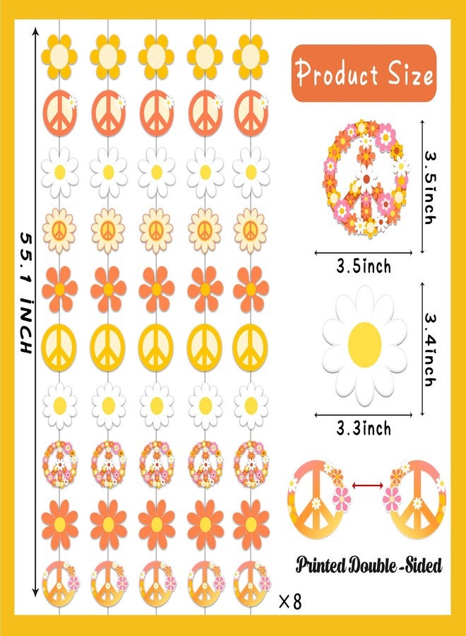 اوموني زينة حفلات الهيبي، زينة حفلات مستوحاة من الستينيات، 8 قطع، أكاليل زهور ورقية عتيقة الطراز من الستينيات، أكاليل زهور على شكل علامة السلام، زينة معلقة على السقف لحفلات الهيبي. - Image 2
