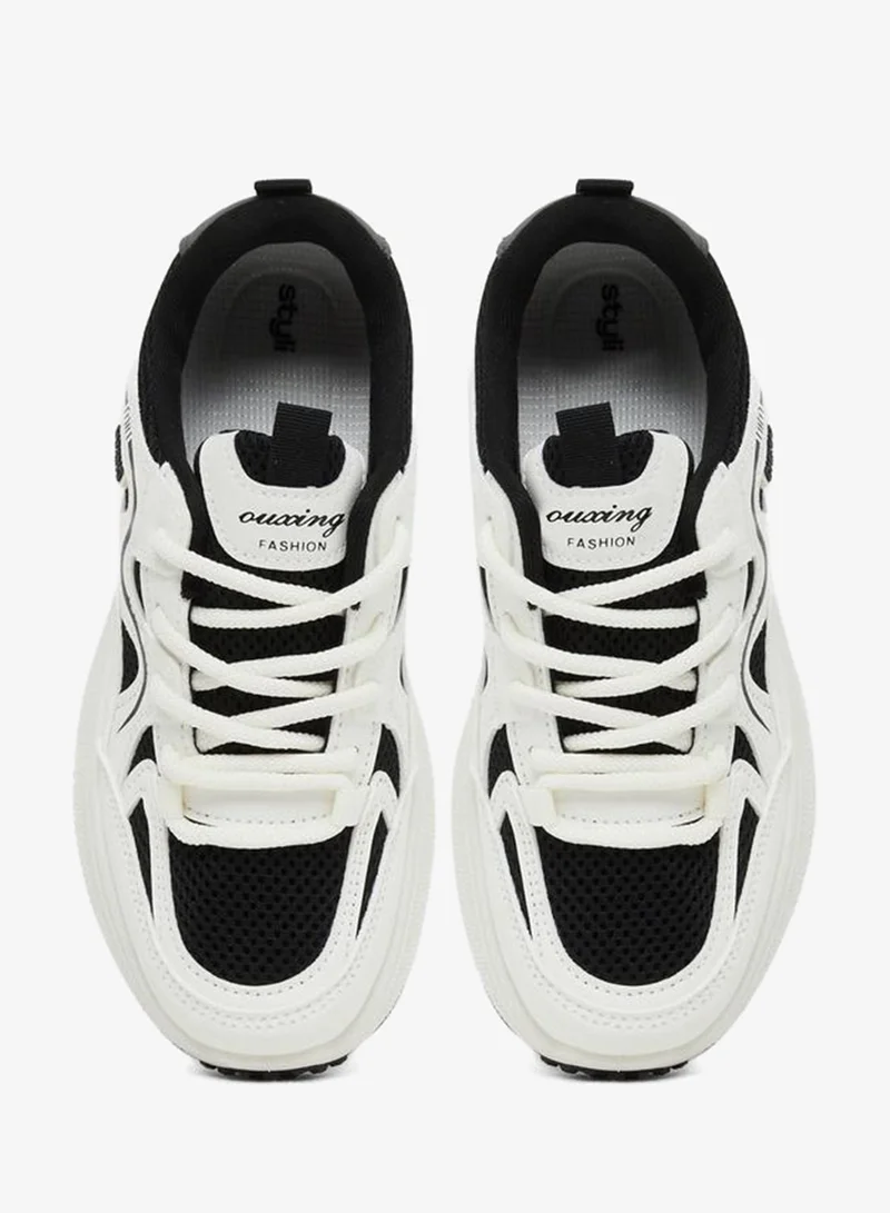 Styli  Color Block Lace-Up Chunky Sneakers with Back Pull Tab for Women | Best Price UAE
