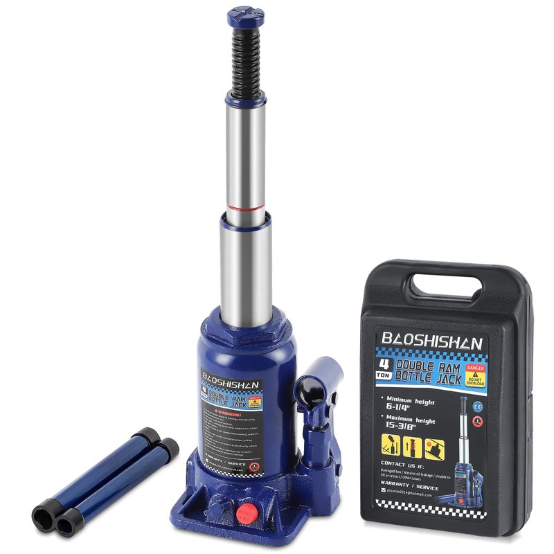 BAOSHISHAN 4 Ton Double Ram Bottle Jack 614 to 1538 Lifting Range Portable Hydraulic Bottle Jack with Carrying Case