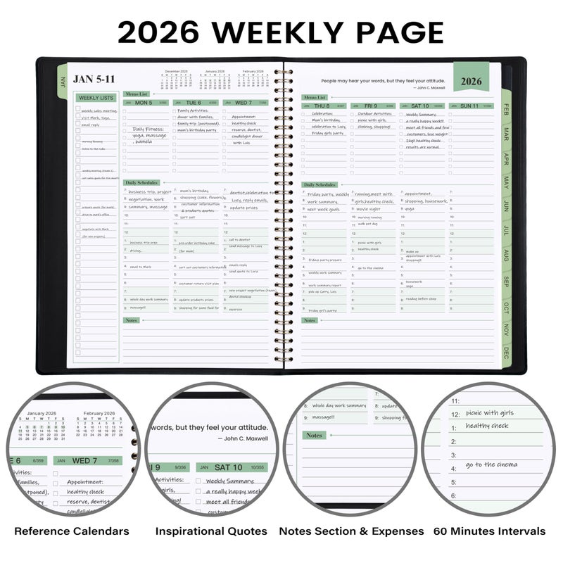 JOJOKALL 2026 Planner - 11.38'' x 8.74'', Weekly & Monthly Planner Notepad 2026, Jan. 2026 - Dec.2026, Appointment Book 2026, 60 Minutes Interval, Monthly Tabs, Faux Soft Leather, Spiral Bound - Black - Image 3