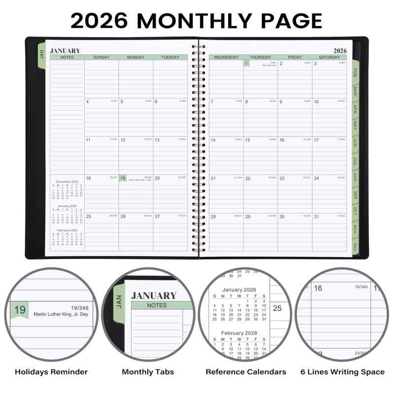 JOJOKALL 2026 Planner - 11.38'' x 8.74'', Weekly & Monthly Planner Notepad 2026, Jan. 2026 - Dec.2026, Appointment Book 2026, 60 Minutes Interval, Monthly Tabs, Faux Soft Leather, Spiral Bound - Black - Image 4