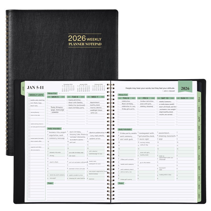 JOJOKALL 2026 Planner - 11.38'' x 8.74'', Weekly & Monthly Planner Notepad 2026, Jan. 2026 - Dec.2026, Appointment Book 2026, 60 Minutes Interval, Monthly Tabs, Faux Soft Leather, Spiral Bound - Black - Image 1