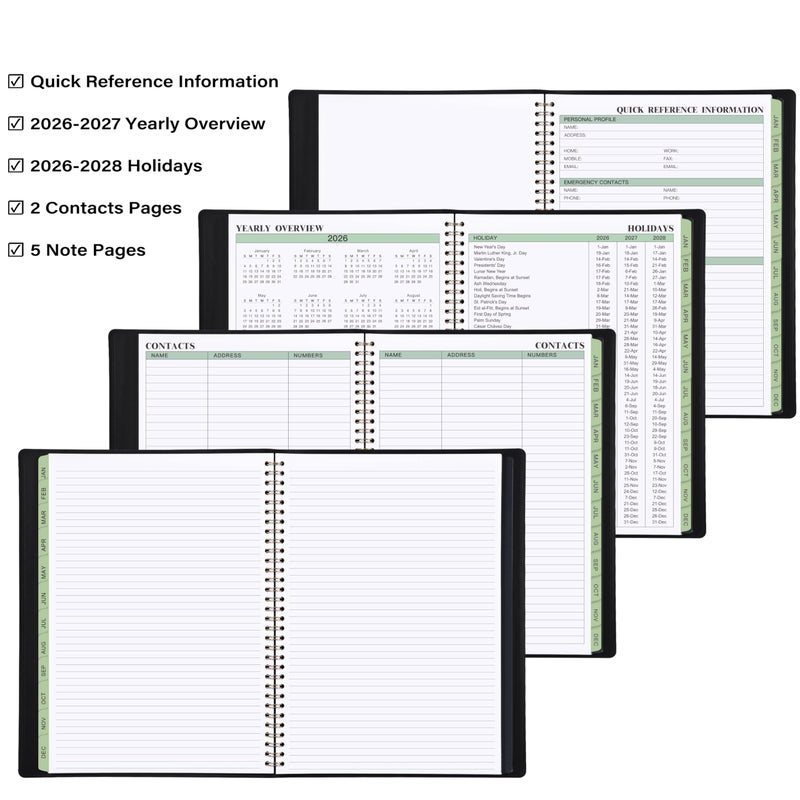 JOJOKALL 2026 Planner - 11.38'' x 8.74'', Weekly & Monthly Planner Notepad 2026, Jan. 2026 - Dec.2026, Appointment Book 2026, 60 Minutes Interval, Monthly Tabs, Faux Soft Leather, Spiral Bound - Black - Image 5