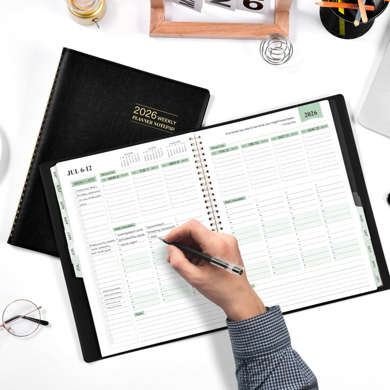 JOJOKALL 2026 Planner - 11.38'' x 8.74'', Weekly & Monthly Planner Notepad 2026, Jan. 2026 - Dec.2026, Appointment Book 2026, 60 Minutes Interval, Monthly Tabs, Faux Soft Leather, Spiral Bound - Black - Image 2