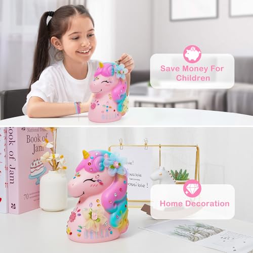 MHJY Piggy Bank Unicorn Money Bank Unbreakable Coin Bank with DIY Stickers Home Decor for Kids Girls Birthday Easter Pink - Image 5
