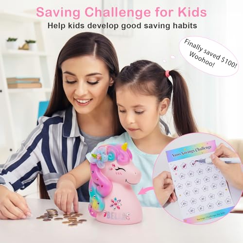 MHJY Piggy Bank Unicorn Money Bank Unbreakable Coin Bank with DIY Stickers Home Decor for Kids Girls Birthday Easter Pink - Image 2