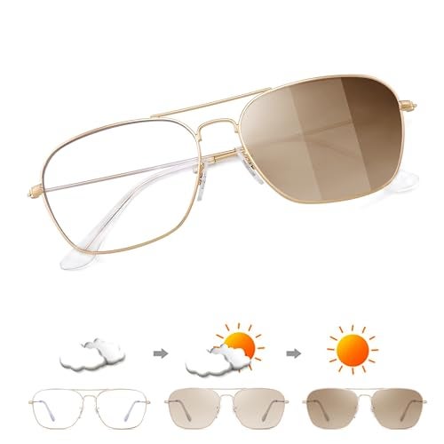 JM Aviator Photochromic Sunglasses, Square Blue Light Blocking Computer Glasses Gold - Image 1