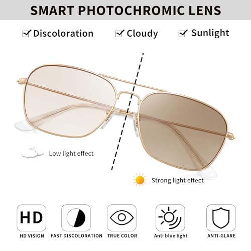 JM Aviator Photochromic Sunglasses, Square Blue Light Blocking Computer Glasses Gold - Image 3