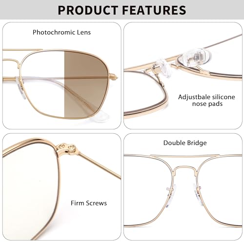 JM Aviator Photochromic Sunglasses, Square Blue Light Blocking Computer Glasses Gold - Image 5