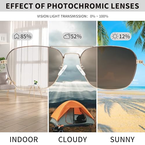 JM Aviator Photochromic Sunglasses, Square Blue Light Blocking Computer Glasses Gold - Image 4