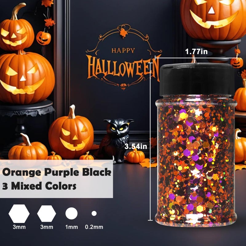 Renfio Orange Purple Black Chunky Glitter,Mixed Holographic Glitter for Helloween,1.76oz/50g Iridescent Hexagon Sequin for Snowglobe Tumbler,Resin,Craft,Nail,Face,Hair,Festival Decor,Ornament - Image 3