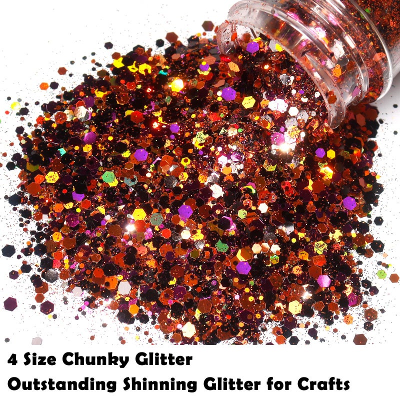 Renfio Orange Purple Black Chunky Glitter,Mixed Holographic Glitter for Helloween,1.76oz/50g Iridescent Hexagon Sequin for Snowglobe Tumbler,Resin,Craft,Nail,Face,Hair,Festival Decor,Ornament - Image 2