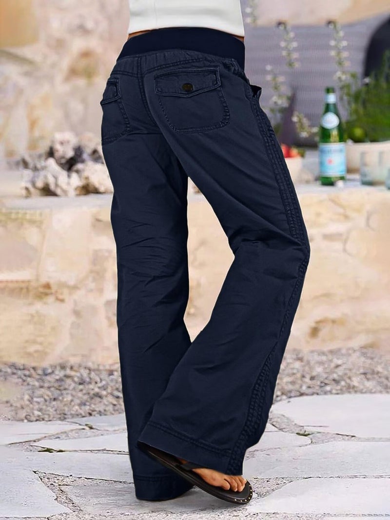 Flamingals Straight Leg Pants for Women Drawstring Waist Mid Rise Casual Solid Seam Detail Pant Dark Blue M - Image 2