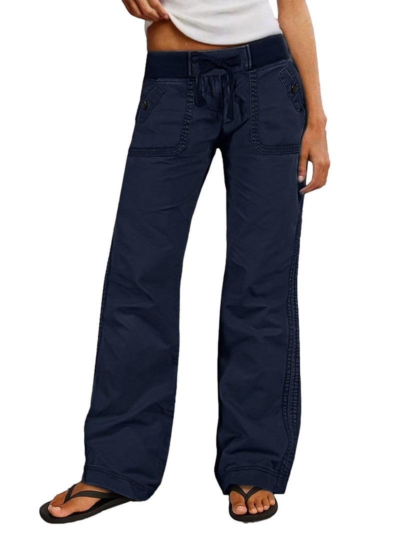 Flamingals Straight Leg Pants for Women Drawstring Waist Mid Rise Casual Solid Seam Detail Pant Dark Blue M - Image 1