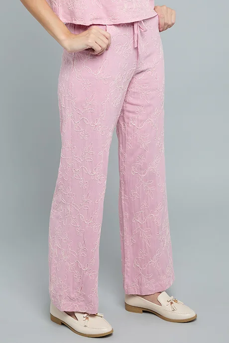 أر أند بي Embroidered Wide Leg Pants with Drawstring Waist