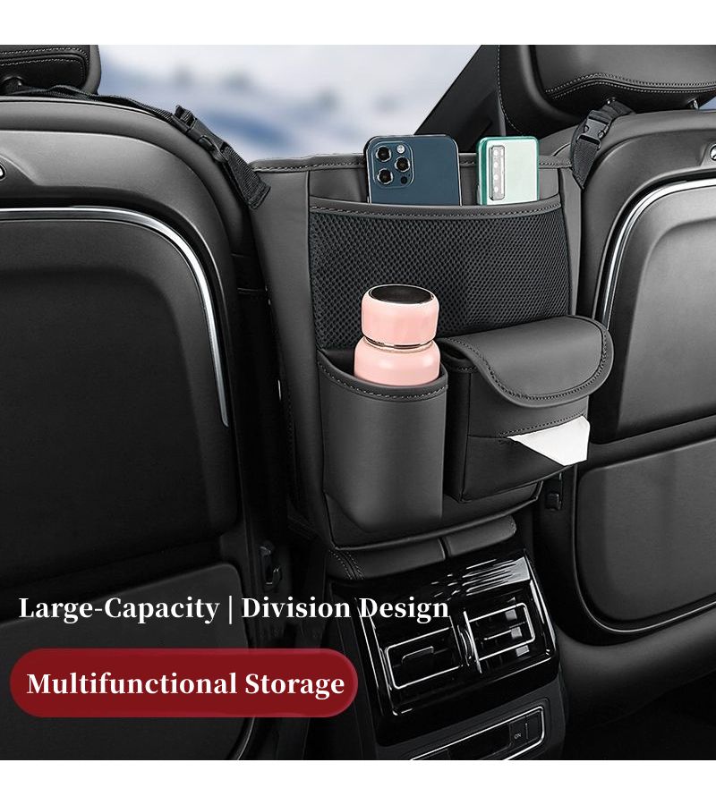 Large Capacity Red Faux Leather Car Seat Organizer With Cup Holder And Mesh Pocket - Image 3